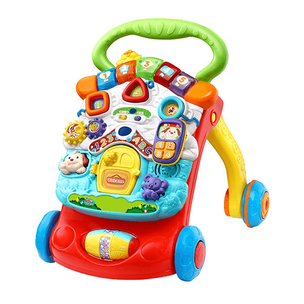 red and green brightly coloured plastic push walker with an activity panel on the front.