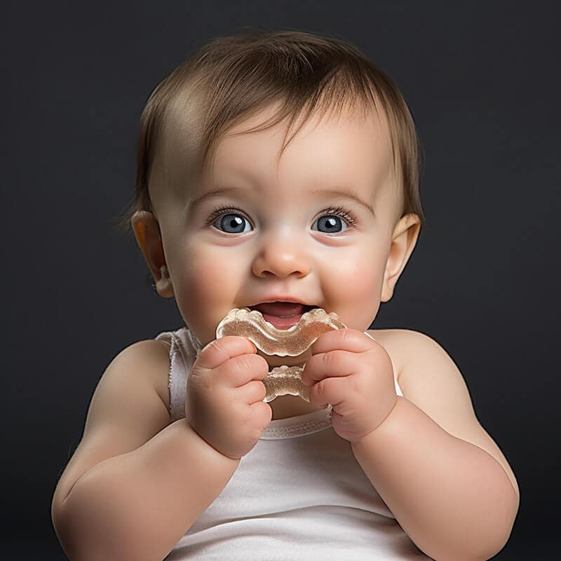cute baby boy with brown hair, blue eyes, sitting wearing a white singlet holding a teething ring up to his mouth